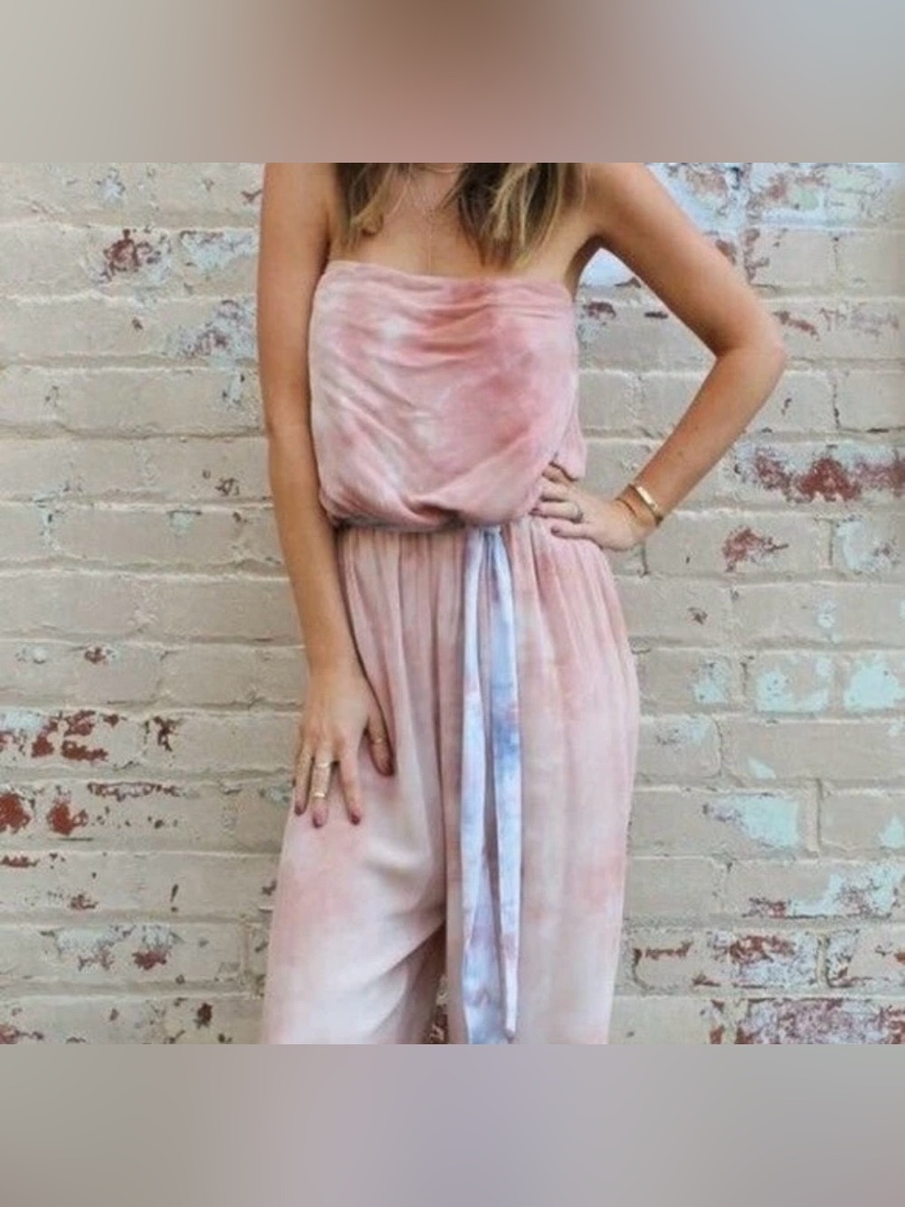 Free People Just Float Peach Tie-Dye Ankle Tie Detail Strapless Jumpsuit Size SP